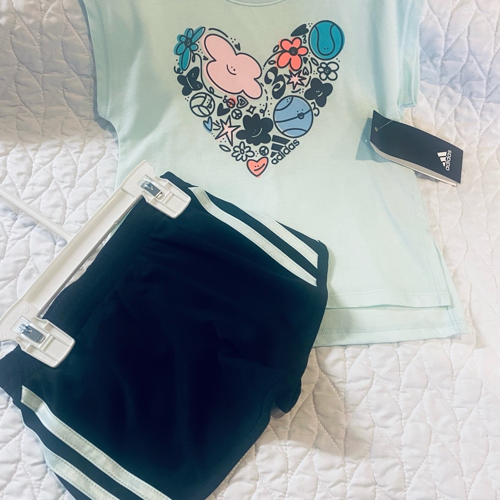 adidas Girls Mint Green Heart Graphic Tee & Black Shorts Matching Set